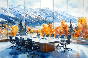 Wall Mural - Watercolor Painting of a Conference Room with Mountain View.