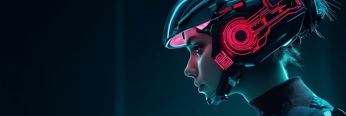 Wall Mural - Futuristic Female Cyborg in Neon Light - A woman wearing a futuristic helmet with glowing red lights, representing technology, innovation, future, and cyberspace.