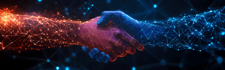 Wall Mural - Handshake in a digital style with network connections, symbolizing business collaboration and the use of blockchain technology for official documents