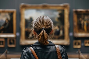 Poster - A person observing paintings in a gallery, appreciating art and culture.