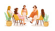 © GN.STUDIO - A group of women sitting in a circle on yellow chairs, engaging in a group discussion. The background is white with potted plants. Concept of community and support. Vector illustration