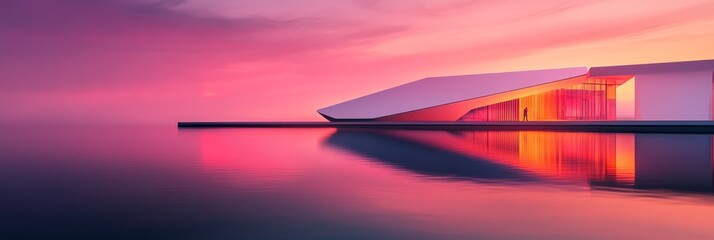 Poster - Modern Architecture Reflecting in Calm Waters at Sunset - A modern building with a sleek design stands against a vibrant sunset sky, reflecting in the tranquil waters. The scene evokes concepts of ser