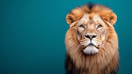 a majestic lion with a stunning mane, gazing confidently against a vibrant teal background. perfect 