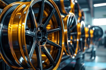 Car rims line the shelves of car tire shops with gold colored rims