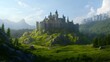 © Obee - 6. A sprawling medieval castle set on a grassy hill, surrounded by a lush forest and a clear blue sky