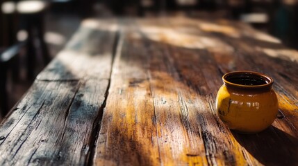 Canvas Print - Rustic Wooden Table with Ceramic Pot in Warm Sunlight - A rustic wooden table with a weathered surface bathed in warm sunlight.  A ceramic pot sits on the table, adding a touch of earthy charm to the 