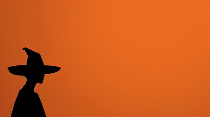 Sticker - Silhouette of a Witch with Hat Against an Orange Background - A simple silhouette of a witch with a pointed hat, standing against a vibrant orange background. The image evokes mystery, magic, and the 