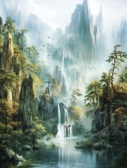 Wall Mural - Serene Waterfall Oasis in Misty Mountains - A breathtaking waterfall cascades down rugged mountain cliffs, creating a tranquil oasis amidst lush greenery and ethereal mist. The image symbolizes peace,