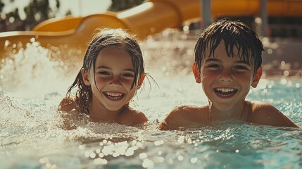 Two young children enjoy a sunny day in a vibrant pool, laughing and splashing as they create joyful memories together