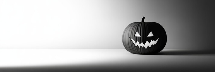 Wall Mural - Spooky Black and White Halloween Pumpkin - A single black pumpkin with a carved jack-o-lantern face sits on a white background, creating a simple yet eerie Halloween atmosphere. The image symbolizes t