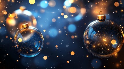 Poster - Sparkling Christmas Ornaments with Blue Bokeh Background - Two transparent Christmas ornaments with golden accents against a blue background with bokeh lights, symbolizing celebration, joy, festivity,