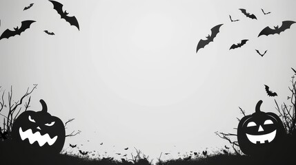 Canvas Print - Spooky Halloween Background with Jack-o'-Lanterns and Bats - A spooky Halloween background with two jack-o'-lanterns on either side of a blank white space, surrounded by bats flying in the night sky. 