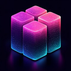 three glowing cubes with a dark background and a neon glow