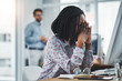 © peopleimages.com - Stress, business and black woman with headache in office for administration, burnout and brain fog of project. Tired, worker and computer with eye strain, migraine and anxiety of deadline pressure