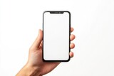 Fototapeta  - Hand showing smartphone with blank screen isolated on white background with generative ai