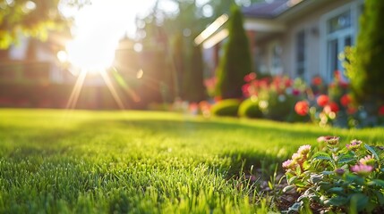 Canvas Print - A vibrant garden scene with sunlight illuminating lush grass and blooming flowers.