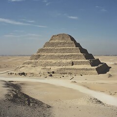 araffes in the desert with a sky background and a small pyramid