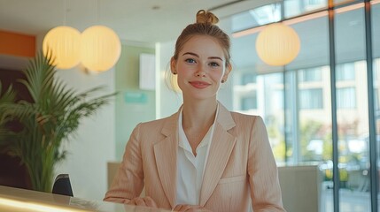 Sticker - Friendly receptionist helping customers at desk in lobby