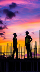 two men standing on a construction site, one wearing a yellow vest