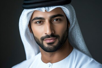 Handsome arab middle-eastern man with traditional kandora in studio - Arabic muslim adult male portrait wearing emirate clothing in Dubai, United Arab Emirates with generative ai