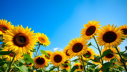 Full view of sunflowers under a clear blue sky isolated with white highlights, png