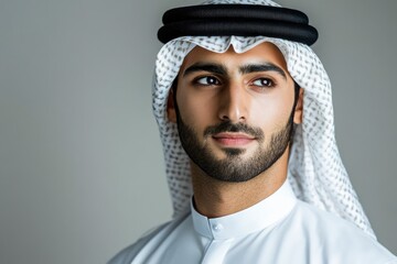 Handsome arab middle-eastern man with traditional kandora in studio - Arabic muslim adult male portrait wearing emirate clothing in Dubai, United Arab Emirates with generative ai