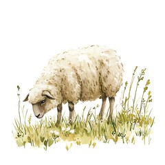 Sticker - Watercolor painting of a sheep grazing in a field.