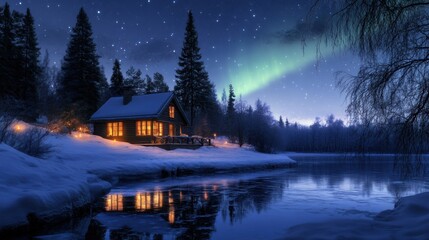 Sticker - A cabin in the snow with a fire and aurora lights, AI