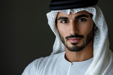 Handsome arab middle-eastern man with traditional kandora in studio - Arabic muslim adult male portrait wearing emirate clothing in Dubai, United Arab Emirates with generative ai