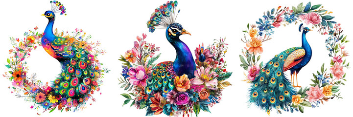 Set off Cute colorful peacock with flower wreath with flower isolated on a transparent background