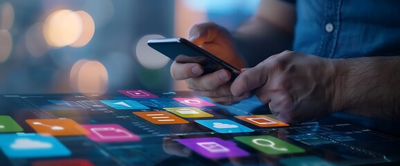 Wall Mural - Close up of a person's hand holding a smartphone over a futuristic interface with colorful icons.