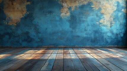 Poster - A blue wall with a wooden floor and a window