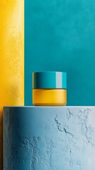 Wall Mural - A blue and yellow background with a blue and yellow object on top of a pedestal