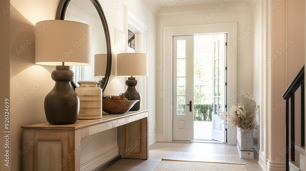 an inviting entryway with a sleek console table, large mirror, and ...