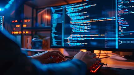 Close up of a programmer's hands typing code on a keyboard in front of a computer screen with code on it.
