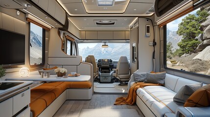 A realistic RV interior with a smart furniture system and advanced technology. Include touch screen controls, and foldable furniture. Emphasize a high-tech and modern feel. Generative AI.