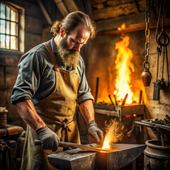 Focused Blacksmith with Tools: Portrait in an Authentic Forge Setting