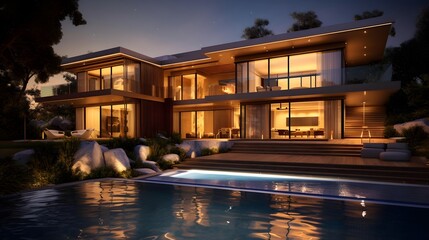 Wall Mural - Panoramic view of modern luxury house with swimming pool at night.