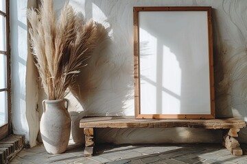 Canvas Print - A minimalist interior scene featuring a blank frame and decorative dried plants in a vase.