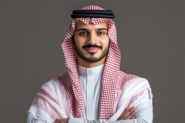 Handsome arab middle-eastern saudi arabian man with traditional saudi clothing in studio - Arabic muslim adult male businessman wearing thwab portrait isolated on gray background with generative ai