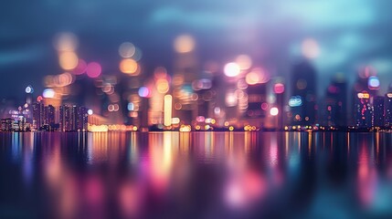 Sticker - A blurred city skyline at night with colorful lights reflecting on the water.