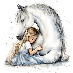 Poster - Watercolor Painting of a Young Girl Hugging a White Horse.