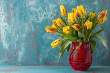 Wall Mural - A vibrant bouquet of yellow tulips in a red vase against a textured blue background.