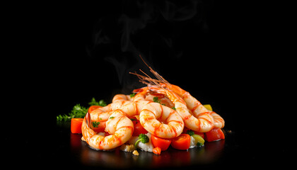 Sea food cooking shrimp with vegetables, on a dark background isolated with white highlights, png