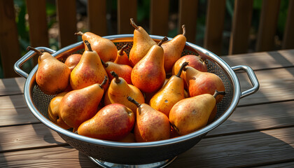 Many ripe pears in a colander on wooden garden table isolated with white highlights, png