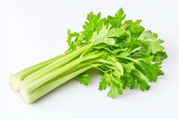 Wall Mural - A fresh stalk of celery, vibrant green with crisp, textured leaves and long, slender stems, isolated against a pure white background, the celery showing subtle natural imperfections and moisture dropl