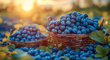 Canvas Print - A three baskets full of fresh blueberries in a grassy field, with the sun setting in the background, at a blueberry orchard. Generative AI.