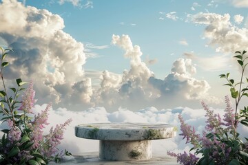 Wall Mural - Product podium with a botanical cloud sky outdoors.