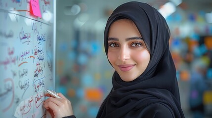 Wall Mural - A young Arabian female wearing black hijab entrepreneur, smiling brightly as she writes down her new idea on a whiteboard, feeling elated. Generative AI.