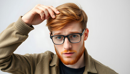 Sticker - Young irish redhead man wearing casual clothes and glasses touching forehead for illness and fever, flu and cold, virus sick isolated with white highlights, png